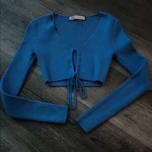 Zara Teal Long Sleeve Ribbed Crop Top